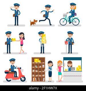 Postman character collection in different situations and poses in flat style isolated vector illustration Stock Vector