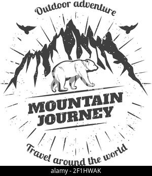 Vintage mountain travel logo with rocks white bear birds and sunburst isolated vector illustration Stock Vector