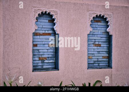 BRICKS SETUP IN WINDOW, WINDOW DESIGN, BRICKS BACKGROUND Stock Photo