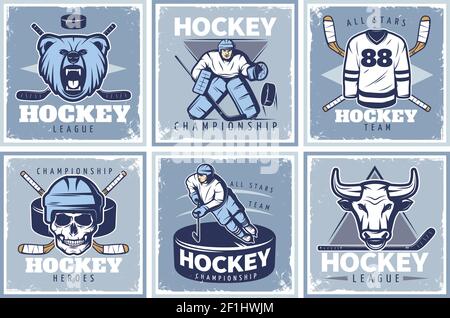 Six square hockey championship posters with old style compositions of sportsman characters mascots and various accessories vector illustration Stock Vector