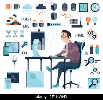 Computer coding icons set with working programmer professional devices and web elements isolated vector illustration Stock Vector