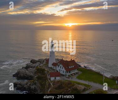 Aerial view Portland Head Lighthouse tower State of Maine Stock Photo