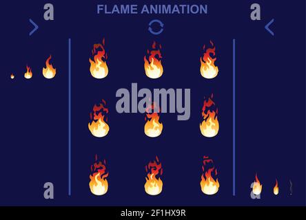 Bright fire flame animation set of different shapes for game design in cartoon style isolated vector illustration Stock Vector