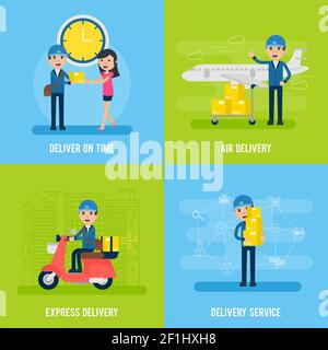 Global logistic flat concept with mailman customer and different types of delivery service vector illustration Stock Vector