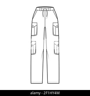 Set of cargo pants technical fashion illustration with normal waist, high rise, pockets, belt loops, full lengths. Flat bottom apparel template front, white, color style. Women, men, unisex CAD mockup Stock Vector