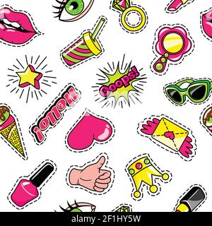 Elements for girls seamless pattern in comic style with fashion accessories on white background vector illustration Stock Vector