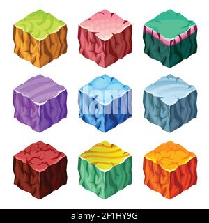 Isometric set of colorful gaming cubes with landscape elements on white background isolated vector illustration Stock Vector