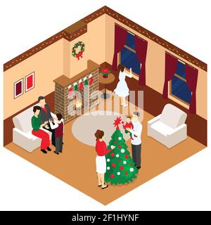 Celebration of christmas isometric design with adults and children in beige brown room with decorations vector illustration Stock Vector