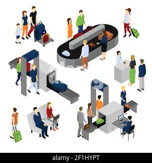 Isometric set of scenes with people in airport including security control and baggage carousel isolated vector illustration Stock Vector