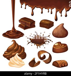 Cartoon chocolate elements set with blot drop whipped cream shavings candies pieces nut isolated vector illustration Stock Vector