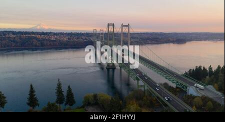 Aerial View Tacoma Narrows Bridges over Puget Sound Mount Rainier in the background Stock Photo