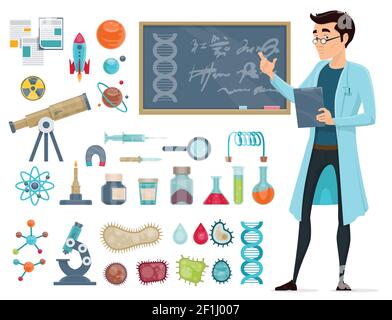 Scientific icons set with scientist and biological astronomic chemical elements isolated vector illustration Stock Vector