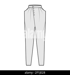 Tapered Baggy pants technical fashion illustration with normal waist, high rise, slash pockets, draping front, full lengths. Flat bottom apparel template grey color style. Women, men unisex CAD mockup Stock Vector