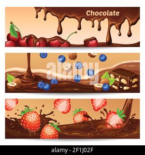 Cartoon chocolate horizontal banners with drops flow splashes pieces cherries bilberries strawberries and hazelnuts vector illustration Stock Vector