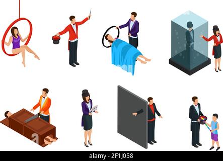 Isometric magic performance elements set with magicians showing different popular tricks and illusions isolated vector illustration Stock Vector