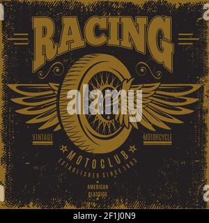 Vintage moto club poster with inscriptions and wheel flying on wings in monochrome style vector illustration Stock Vector