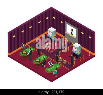 Isometric casino robbery concept with bandits in masks robbing visitors and workers in gaming room vector illustration Stock Vector