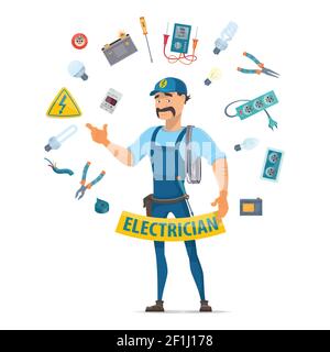 Colorful electricity elements concept with moustached electrician and professional electrical tools in circle shape isolated vector illustration Stock Vector