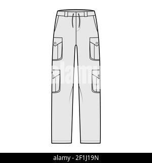 Set of cargo pants technical fashion illustration with low waist, rise, pockets, belt loops, full lengths. Flat bottom apparel template front, grey color style. Women, men, unisex CAD mockup Stock Vector