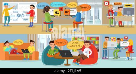 Business web development horizontal banners with people working on seo optimization in office and coworking center vector illustration Stock Vector