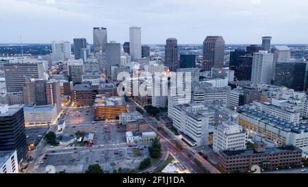 Night falls as storm clouds swirl over downtown New Orleans Stock Photo