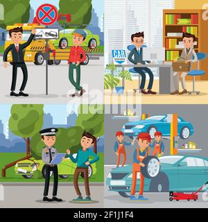 People and automobile square concept with fines for wrong parking accident car insurance and repair services vector illustration Stock Vector