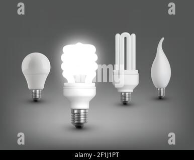 Realistic lamps collection with led incandescent halogen and shining fluorescent electric bulbs isolated vector illustration Stock Vector