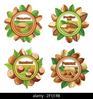 Colorful nuts labels set with pistachio hazelnut peanut and brazil sorts in cartoon style isolated vector illustration Stock Vector
