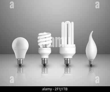 Realistic electric lightbulbs set of different types constructions and shapes on glossy background isolated vector illustration Stock Vector