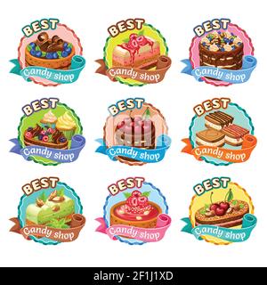 Colorful candy shop stickers set with cakes cupcakes cookies with chocolate whipping cream berries nuts isolated vector illustration Stock Vector
