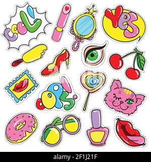 Comic colorful patches collection with badges stickers and fashion pins for girl isolated vector illustration Stock Vector