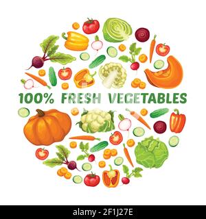 Fresh farm food round concept with different organic vegetables in cartoon style vector illustration Stock Vector