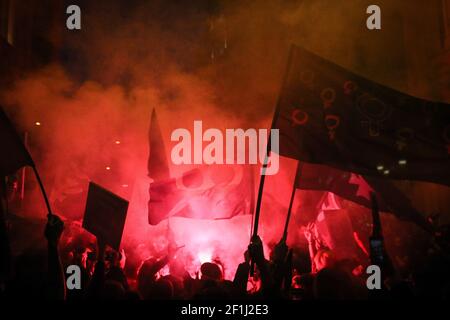 Istanbul, Turkey. 08th Mar, 2021. Demonstrators light flares during the International Women's Day celebration in Istanbul. Several people gathered in Istanbul to celebrate the International women's day which falls on 8th March. Credit: SOPA Images Limited/Alamy Live News Stock Photo