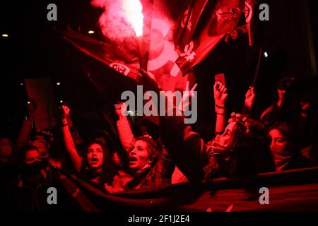 Istanbul, Turkey. 08th Mar, 2021. Demonstrators light flares and chant slogans during the International Women's Day celebration in Istanbul. Several people gathered in Istanbul to celebrate the International women's day which falls on 8th March. Credit: SOPA Images Limited/Alamy Live News Stock Photo
