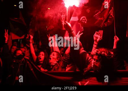 Istanbul, Turkey. 08th Mar, 2021. Demonstrators light flares and chant slogans during the International Women's Day celebration in Istanbul. Several people gathered in Istanbul to celebrate the International women's day which falls on 8th March. Credit: SOPA Images Limited/Alamy Live News Stock Photo