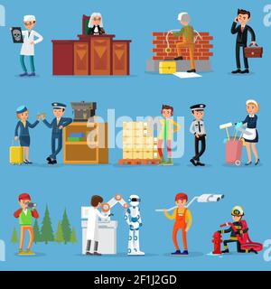 People professions set with doctor judge builder businessman pilot stewardess warehouse worker policeman maid photographer scientist mechanic firefigh Stock Vector
