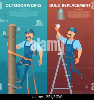 Electricity vertical banners with moustached electrician repairing high voltage power lines and replacing bulb vector illustration Stock Vector