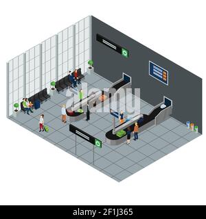 Arrival hall of airport with people waiting baggage sitting places and information boards isometric vector illustration Stock Vector