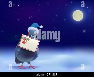 Christmas post pigeon in blue hat standing on cloud and holding mail envelope on night sky background  vector illustration Stock Vector