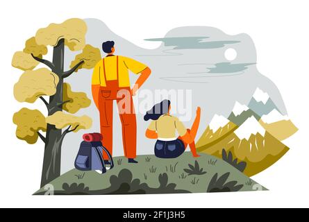 Man and woman enjoying mountains view on summit Stock Vector