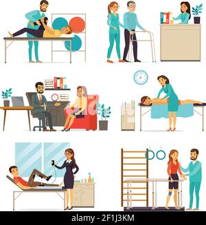 Rehabilitation and therapy set with people doing different psychological and physical exercises after injuries isolated vector illustration Stock Vector
