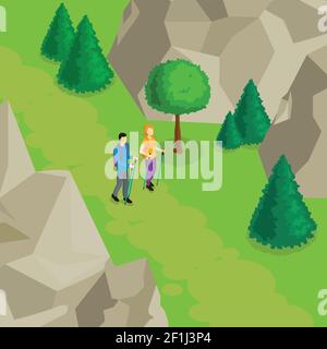 Colorful isometric hiking template with walking couple green trees and mountains vector illustration Stock Vector