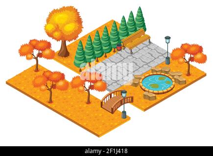 Isometric autumn city park landscape concept with orange trees grass pond bridge and bench vector illustration Stock Vector