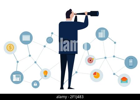 visionary business leader vision looking for direction in the future through telescope with icon of calendar target in a network Stock Vector