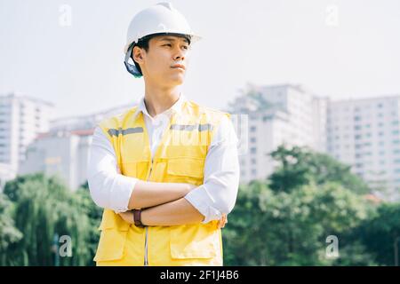 Asian construction engineers are doing experimental tests at the site Stock Photo