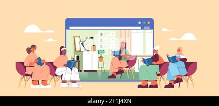 woman in web browser window reading books with mix race women during video call in book club self isolation horizontal full length vector illustration Stock Vector