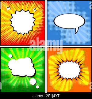 Pop art colorful templates set with empty speech bubbles and halftone effects on radial backgrounds vector illustration Stock Vector