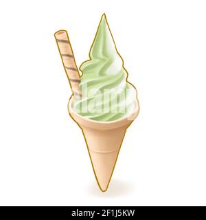 Ice cream cone, a digital painting of matcha green tea and vanilla soft-served with waffle cone isometric cartoon icon raster 3D illustration on white Stock Photo