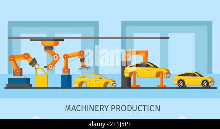 Industrial automated machinery manufacturing template with robotic arms and manipulators working on assembly line vector illustration Stock Vector