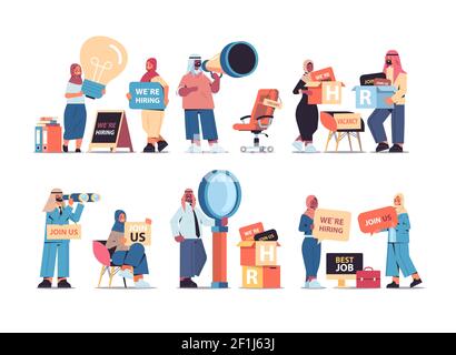 set arabic hr managers holding we are hiring join us posters vacancy open recruitment human resources concept horizontal full length vector illustration Stock Vector